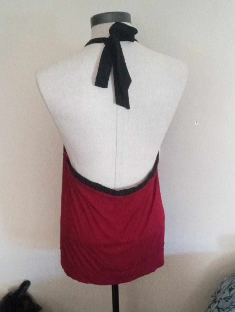 The Limited Gothic, Grunge Red Halter Top with Black Trim and Sheer Tie Up - Picture 2 of 10